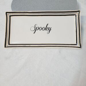 Terramoto Ceramic Halloween Spooky Serving Tray Platter White Black Gold Stripes